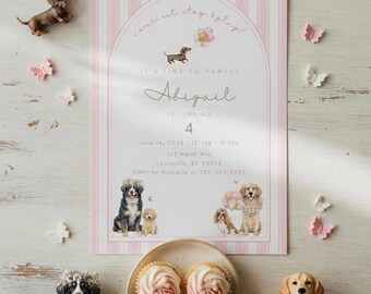 Invitación editable para fiesta canina con diseño floral rosa (descarga digital)