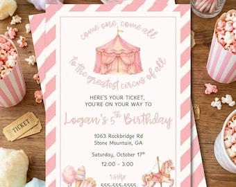 Invitación de cumpleaños con temática de circo en rosa pastel, invitación para fiesta de carnaval con carrusel (descarga digital)