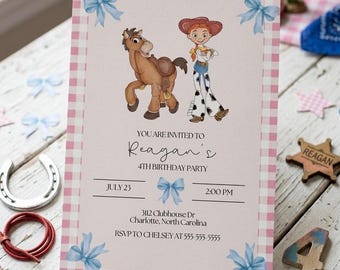 Plantilla editable de invitación de cumpleaños de Jessie, la vaquera de acuarela (descarga digital)