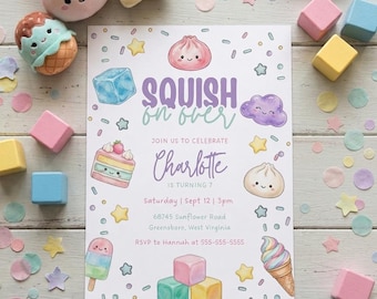 Puede incluir: Una tarjeta de invitación rectangular con el texto SQUISH on over, JOIN US TO CELEBRATE Charlotte IS TURNING 7, Saturday | Sept 12 | 3pm, 68745 Sunflower Road, Greensboro, West Virginia, RSVP to Hannah at 555-555-5555 e ilustraciones.