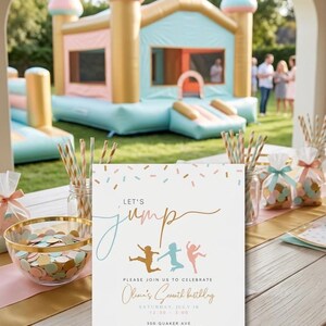 May include: A party invitation with the words "Let's Jump" and the text "Please join us to celebrate Olivia's Seventh birthday". The invitation is on a table with confetti, party favors, and a bounce house in the background.