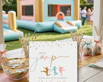 Plantilla editable de invitación de cumpleaños con temática de saltos, invitación para fiesta de trampolín, invitación para castillo hinchable (descarga digital)