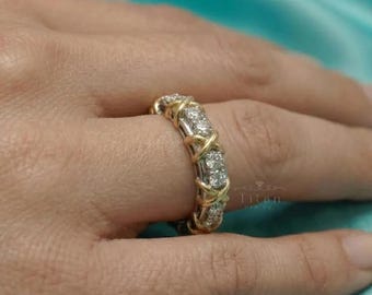 Moissanite and diamond wedding ring, X-shaped ring, 16-diamond ring, two-tone eternal wedding ring, anniversary ring, gift for mother.