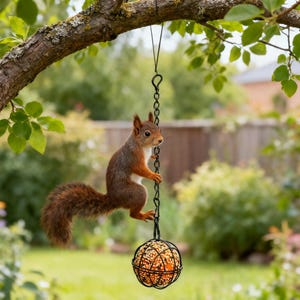 May include: A red squirrel clings to a black chain, reaching for a round bird feeder filled with seeds. The feeder is suspended from a tree branch, with a blurred green background of foliage and a wooden fence.
