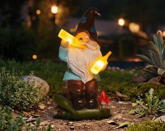 Solar Gnome Garden Statue with Lantern Outdoor Waterproof Yard Decor