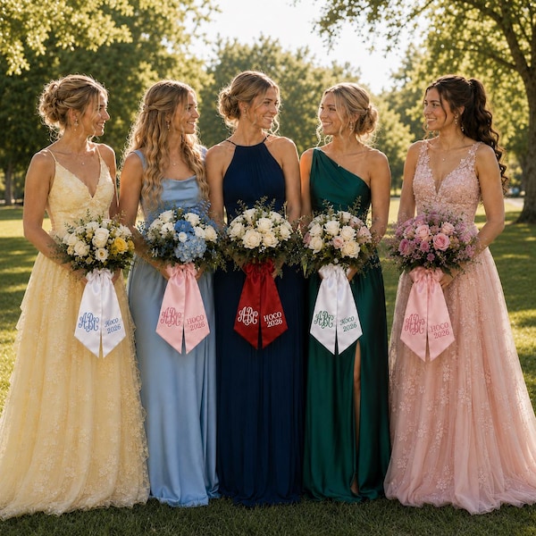 Personalized Bouquet Ribbon, Embroidered Satin Flower Sash, Custom Prom Homecoming Bouquet Wrap, Bridal Wedding Decor, Bridemaids Gift