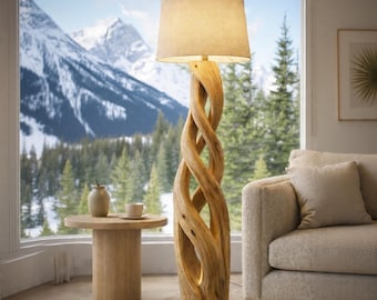 Twisted Wood Floor Lamp – Sculptural Standing Light, Rustic Organic Home Decor