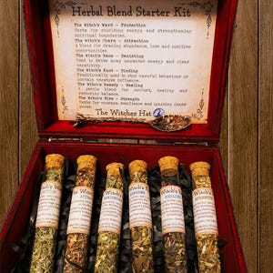 May include: A dark red wooden chest containing six glass test tubes filled with dried herbal blends, each with a cork stopper and a paper label. A metal spoon with a leaf-shaped bowl rests inside the lid, which features a printed card titled Herbal Blend Starter Kit with descriptions of six distinct herbal mixtures.