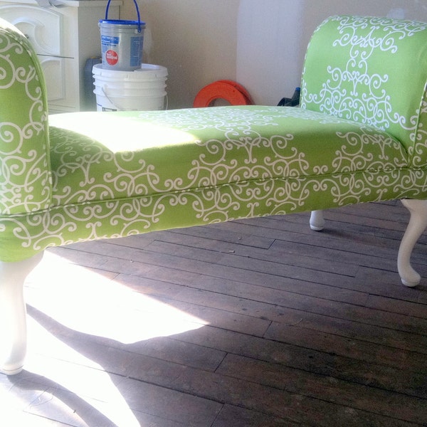 Reserved Green and White Cotton Upholstered Bench--Re Upholstered by Sitzen