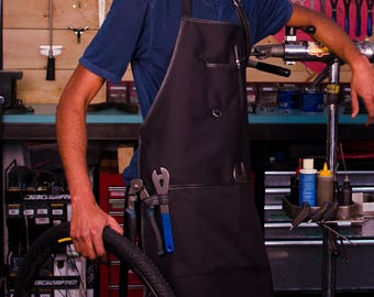 Shop Apron, Mechanic, Artisan Work Apron / Black canvas trimmed with recycled bike tube / Handmade in Canada