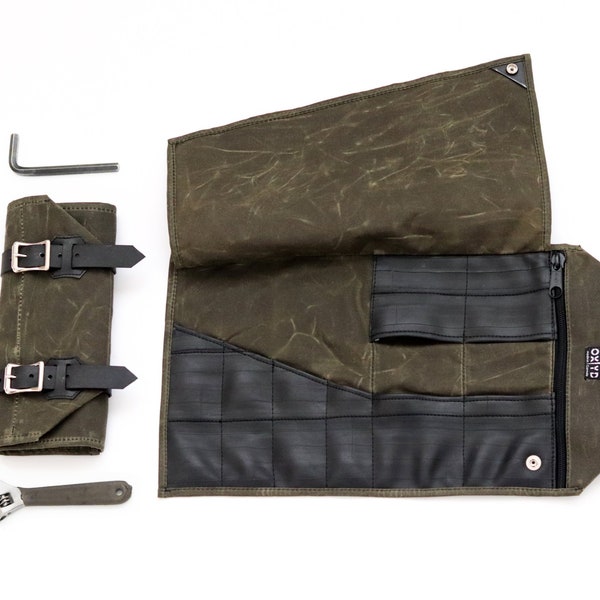 Tool/Utility Roll Waxed Canvas / Vegan, made with Recycled Rubber / Bike mechanic tool kit / Handmade in Canada