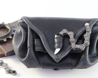 Bike Tube and Leather Pouch with bike chain / SIZE MEDIUM / Available in Black OR Brown Leather