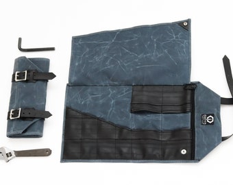 Blue Tool Roll Waxed Canvas made with Recycled bike tubes/ Bike mechanic tool kit / Handmade in Canada