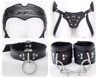 Vegan Strap-on & Restraints set FREE SHIPPING / Made from Recycled bike tubes / Plain Style Strap-on Harness / mature