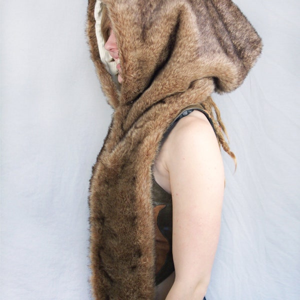 Light brown faux fur Shambhala style hood with corduroy cream lining