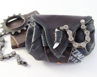 Bike Tube and Leather Pouch with bike chain / SIZE SMALL / Available in Black OR Brown Leather
