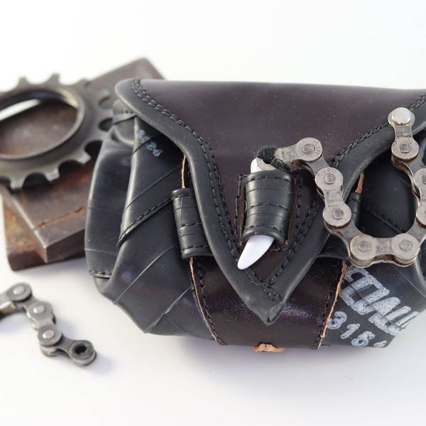 Bike Tube and Leather Pouch with bike chain / SIZE SMALL / Available in Black OR Brown Leather