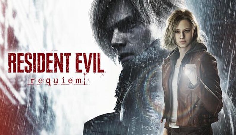 Puede incluir: P&oacute;ster de "Resident Evil: Requiem" con un fondo lluvioso. El t&iacute;tulo en rojo destaca. Una mujer con chaqueta de cuero marr&oacute;n sostiene una linterna. Un hombre en el fondo crea una atm&oacute;sfera misteriosa y oscura.