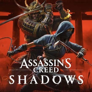 May include: An action-packed image featuring two figures from Assassin's Creed Shadows. One is a samurai in ornate armor wielding a katana, the other a ninja with a hooded cloak and a weapon. The game title is prominently displayed.