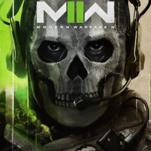 Può includere: Copertina del gioco Call of Duty: Modern Warfare II. L'immagine presenta un personaggio con il volto a teschio che indossa cuffie e equipaggiamento tattico. Il titolo del gioco, "Call of Duty: Modern Warfare II", è ben visibile in verde e bianco in alto.