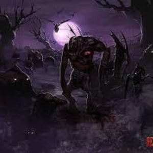 Puede incluir: Ilustraci&oacute;n digital de una escena oscura y espeluznante con una figura monstruosa en primer plano. La criatura, con un pecho rojo brillante, se encuentra entre l&aacute;pidas bajo un cielo p&uacute;rpura con luna llena. &Aacute;rboles desnudos y atm&oacute;sfera brumosa.