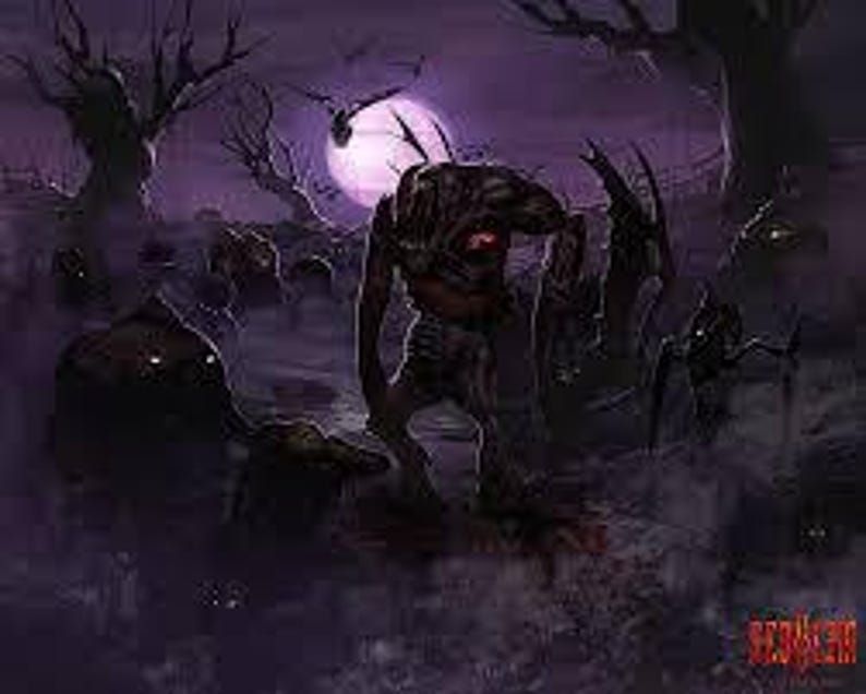 Puede incluir: Ilustraci&oacute;n digital de una escena oscura y espeluznante con una figura monstruosa en primer plano. La criatura, con un pecho rojo brillante, se encuentra entre l&aacute;pidas bajo un cielo p&uacute;rpura con luna llena. &Aacute;rboles desnudos y atm&oacute;sfera brumosa.