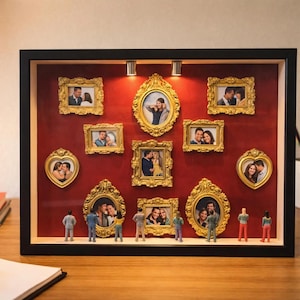 Könnte beinhalten: Ein schwarzer Schattenrahmen mit rotem Hintergrund, der mehrere goldgerahmte Fotos von Paaren zeigt. Miniaturfiguren stehen vor den Rahmen. Die Rahmen haben verschiedene Formen, darunter rechteckig, oval und herzförmig.