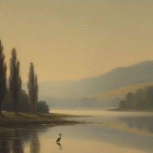 Puede incluir: Una pintura al óleo representa una serena escena lacustre al amanecer. La obra presenta una garza en el agua, con árboles y colinas onduladas al fondo. El texto "Morning Mist Over Willowmere" es visible. Copyright 2026 Vintages Artworks.