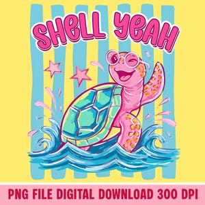 Könnte beinhalten: Eine Cartoon-Illustration einer rosa Schildkröte mit Brille, die aus blauen Wellen auftaucht und zwinkert. Die Schildkröte hat einen türkis-blauen Panzer. Die Worte "SHELL YEAH" stehen in rosa Buchstaben über der Schildkröte.