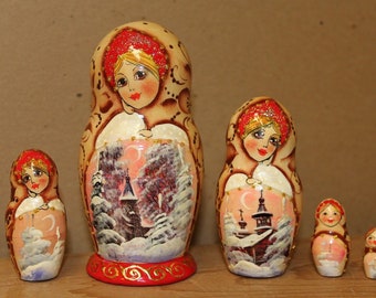 Nesting Doll Winter Scene Christmas Nesting Doll Set of 5