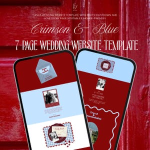 May include: A digital wedding website template displayed on two smartphones. The template features a crimson and blue color scheme with the text "Crimson & Blue" and "7-PAGE WEDDING WEBSITE TEMPLATE". The website includes RSVP and love story pages.