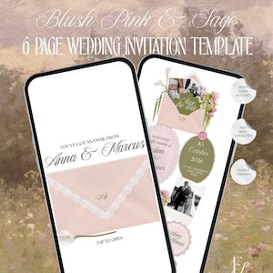 May include: Two smartphones displaying a wedding invitation template. The template features blush pink and sage green accents, with text that reads "Anna & Marcus" and "Save the date." The design includes floral elements and is labeled as mobile-friendly.