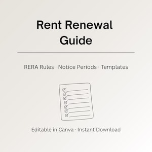 Puede incluir: Una guía digital titulada "Rent Renewal Guide" con el texto "RERA Rules, Notice Periods, Templates". Se presenta un gráfico de lista de verificación con marcas de verificación. También se incluye el texto "Editable in Canva, Instant Download".