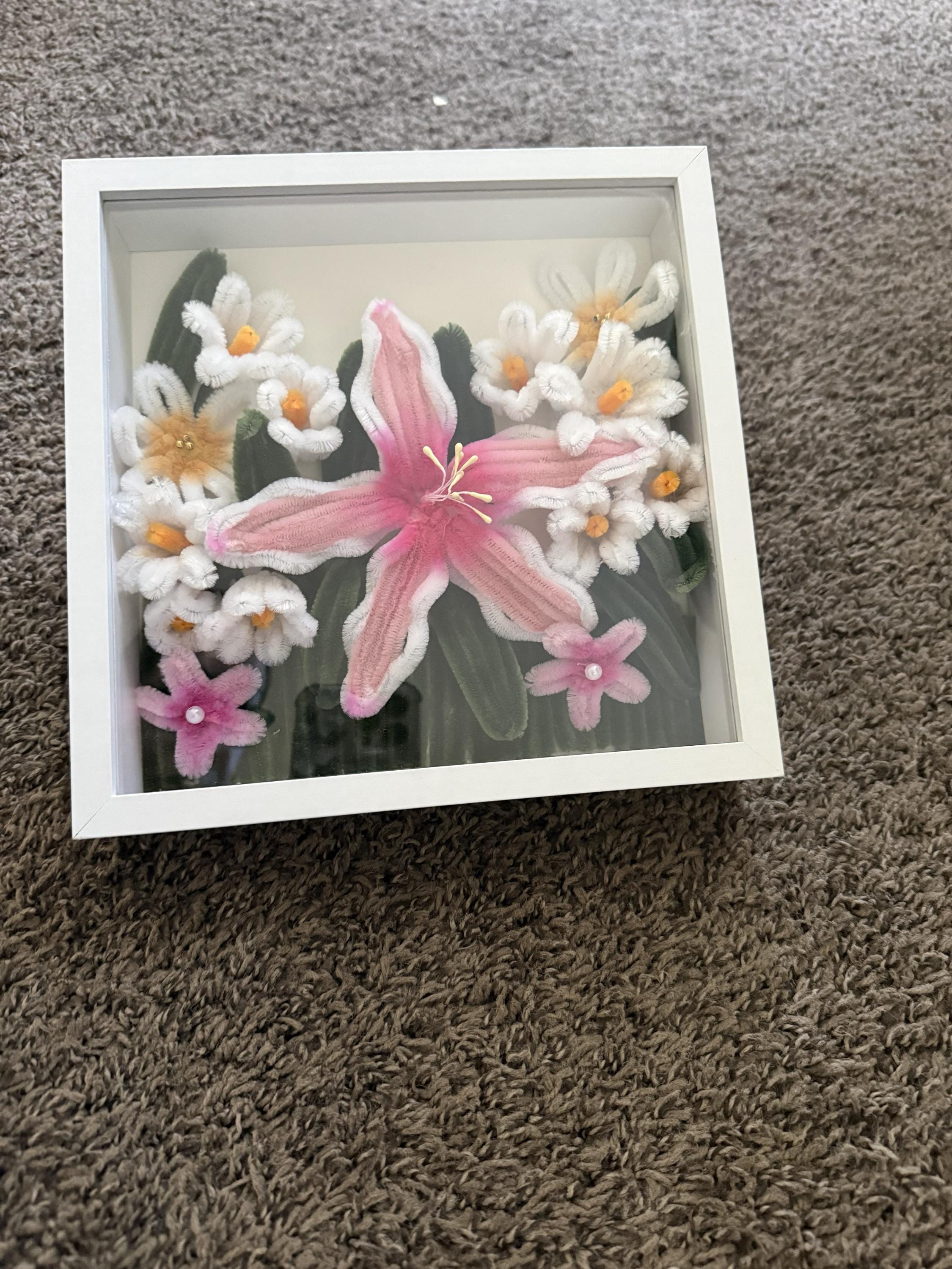 Handmade Pipe Cleaner Flower Shadow Box Pink Lily & Daisy Wall Art ...