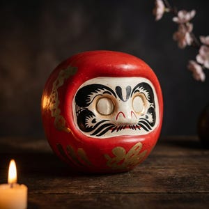 Könnte beinhalten: Eine rote Daruma-Puppe mit schwarzen Gesichtszügen und goldenen Akzenten. Die traditionelle japanische Puppe ist rund mit einem beschwerten Boden. Das Gesicht der Puppe hat große Augen, einen Schnurrbart und einen kleinen Mund. Der Hintergrund ist dunkel mit einer brennenden Kerze und Kirschblüten.