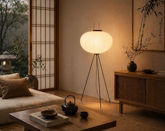 Noguchi Akari Style Floor Lamp, Japanese Rice Paper Light, Wabi Sabi Vintage Standing Lamp for Bedroom, Living Room Decor