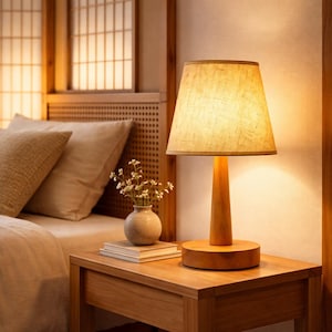May include: A wooden table lamp with a beige linen shade is on a wooden bedside table. The lamp features a cylindrical wooden base and a conical shade. A small vase with white flowers and books are also on the table. The room has a warm, inviting atmosphere.