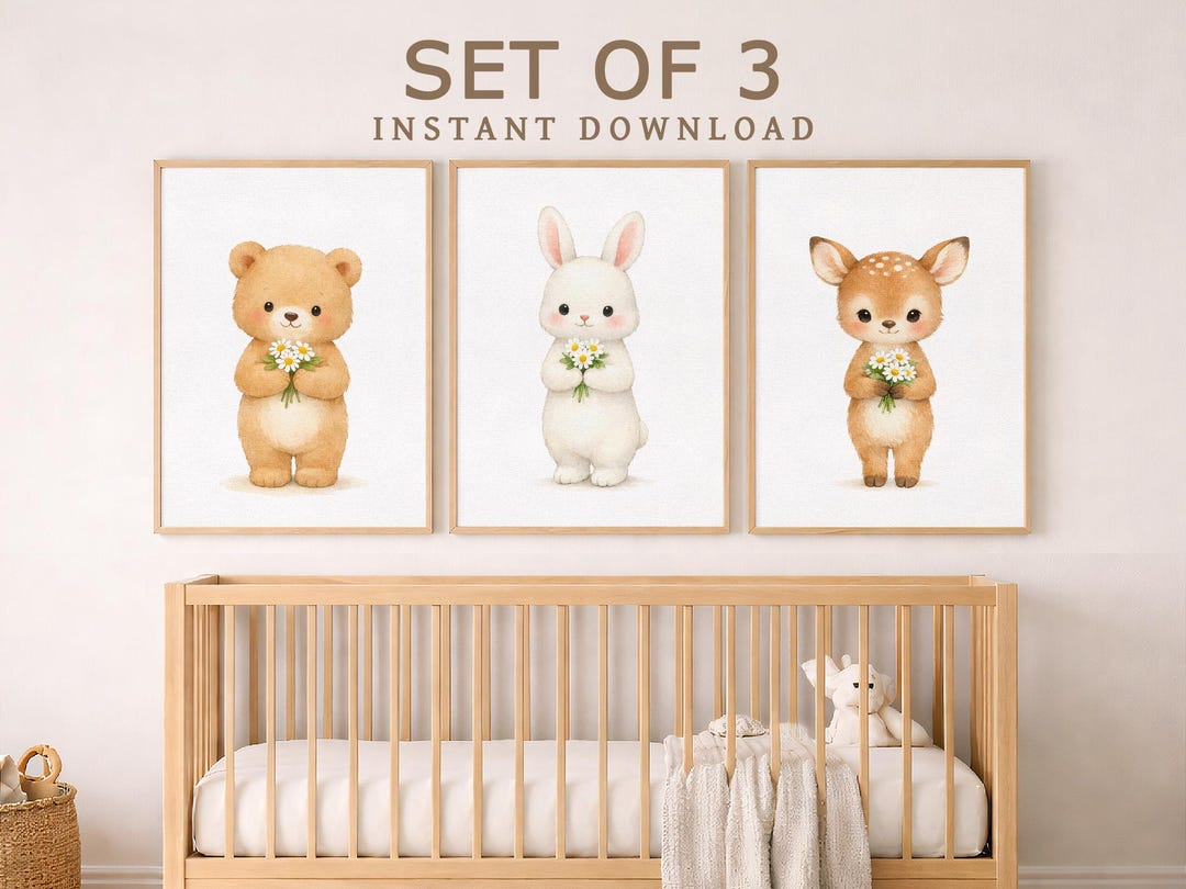 Nursery Wall Art Set of 3, Bear Bunny Deer Prints, Cute Baby Animal ...