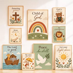 May include: A collection of nine wall art prints featuring religious themes and illustrations of animals, including a cross, a rainbow, a bear, a lion, a lamb, Noah's ark, a rabbit with an umbrella, a dove, and a sun, all with inspirational text.