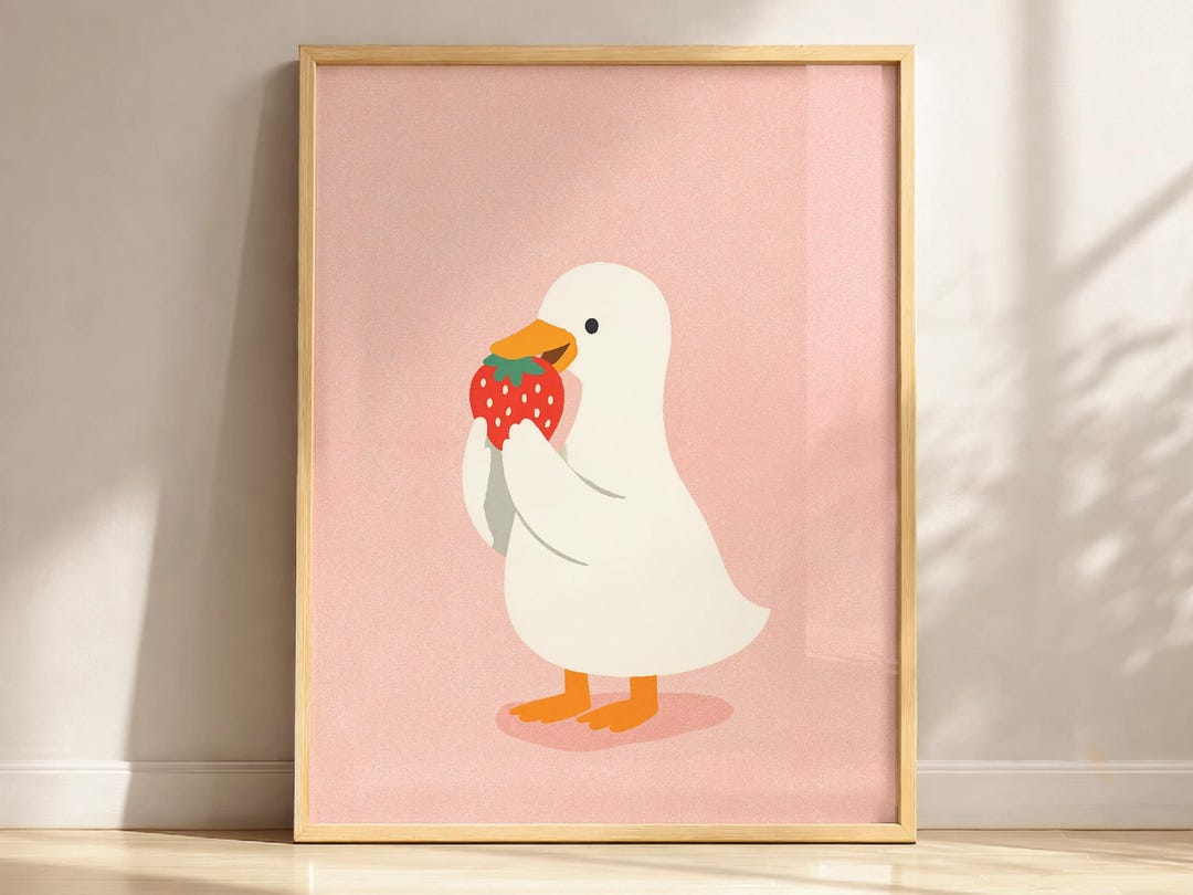 Strawberry Duck Print, Cute Duck Nursery Wall Art, Pink Kids Room Decor ...