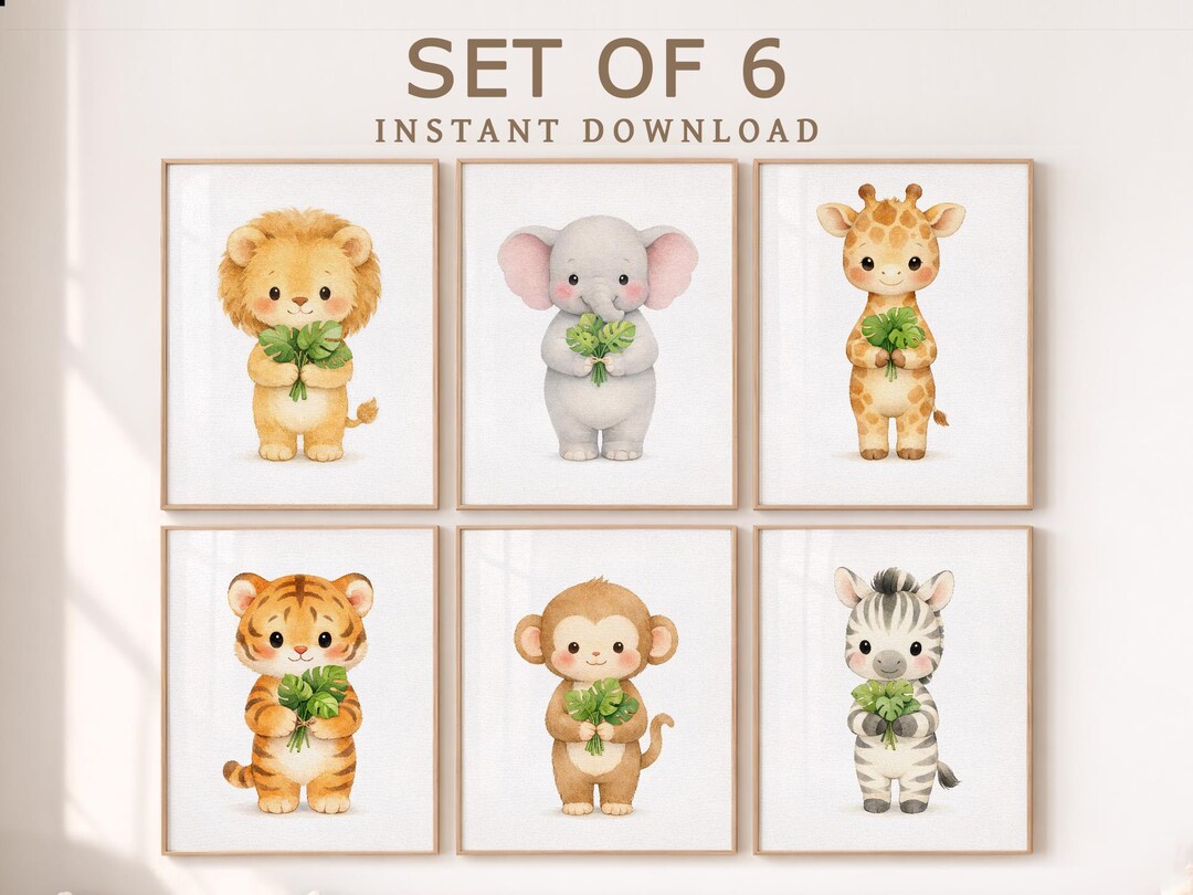 Safari Nursery Wall Art Set of 6, Lion Elephant Giraffe Tiger Monkey ...