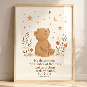 Christian Nursery Wall Art, Bear Bible Verse Print, Psalm 147:4 Scripture Art, Boho Neutral Nursery Decor, Woodland Baby Room