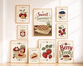Berry Kitchen Wall Art Set of 9, Farmhouse Kitchen Decor, Strawberry Berry Prints, Cottagecore Kitchen Gallery, Rustic Fruit Wall Art
