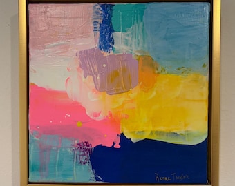 Obra de arte abstracta sobre lienzo: Pintura de técnica mixta de 10x10 con marco dorado.