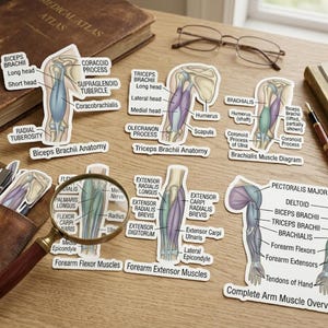 May include: A set of anatomical stickers featuring detailed diagrams of human arm muscles, including the biceps brachii, triceps brachii, brachialis, forearm flexors, and extensors, with clear labels for each muscle group and bone structure.