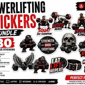Può includere: Un pacchetto digitale di 30 adesivi per powerlifting con illustrazioni di sollevatori di pesi, gorilla, teschi e bilancieri, inclusi testi come "Squat Day Champion", "Bench Beast", "Deadlift King", "Strength Over Everything" e "Eat Lift Repeat".