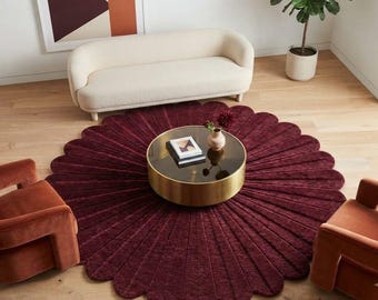 Burgundy Wavy Rug – Hand-Tufted Scalloped Flower Shape Wool Rug for Modern Boho Living Room