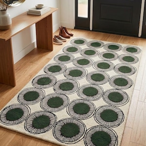 Hand Tufted Wool Rug | Forest Green Medallion Circle Pattern | Boho Mid Century Modern Carpet