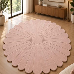 Handmade Flower Scalloped Rug, Mauve Blush Pink Round Carpet, Girly Bedroom Decor