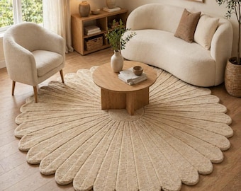 Alfombra de lana tejida a mano con borde festoneado, forma de pétalo floral beige, alfombra bohemia moderna.